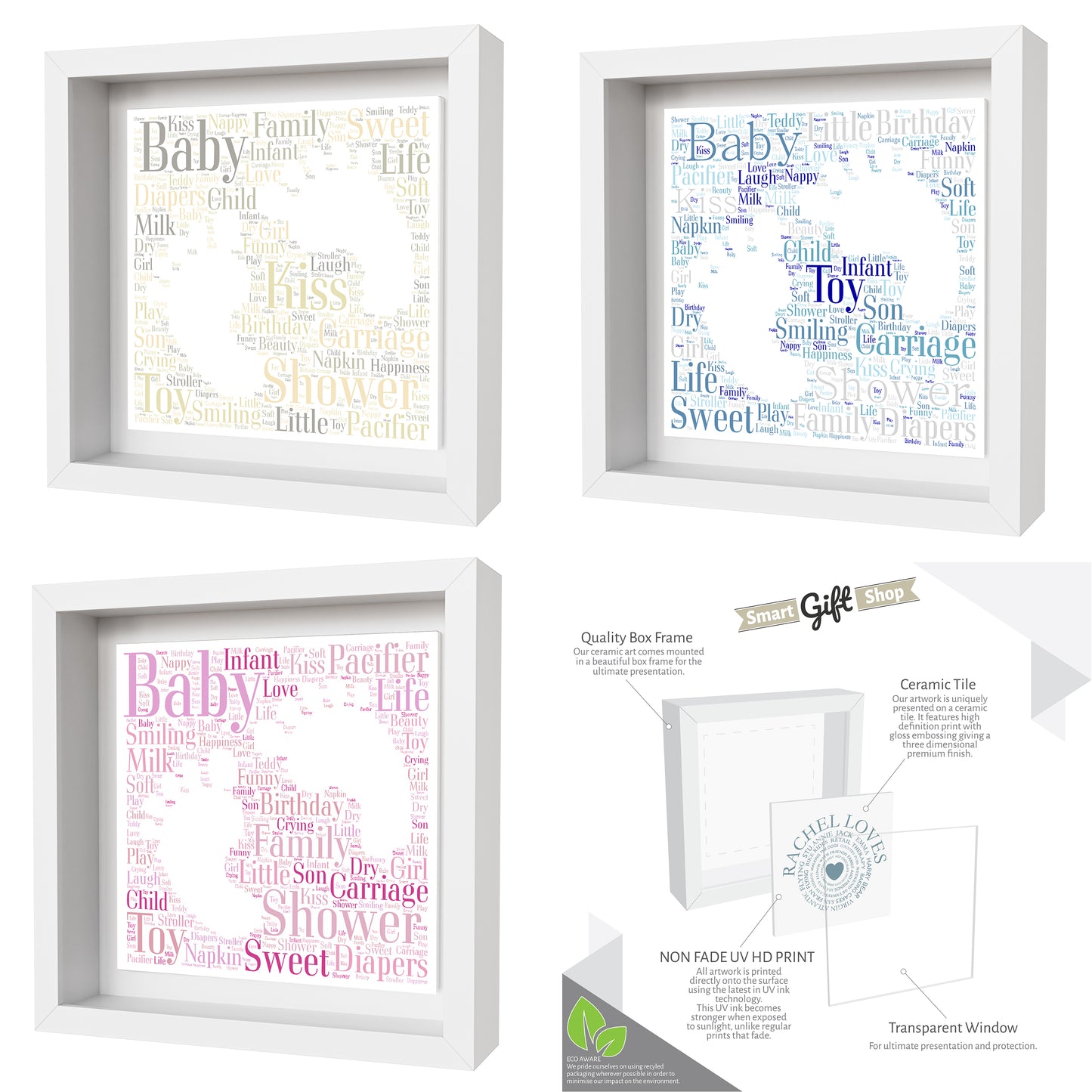 Personalised Baby Celebration Artwork- Framed CERAMIC TILE Print - Baby Feet Design