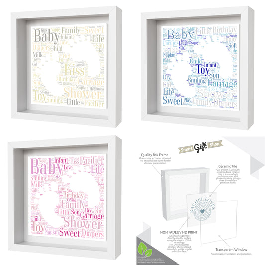 Personalised Baby Celebration Artwork- Framed CERAMIC TILE Print - Baby Feet Design