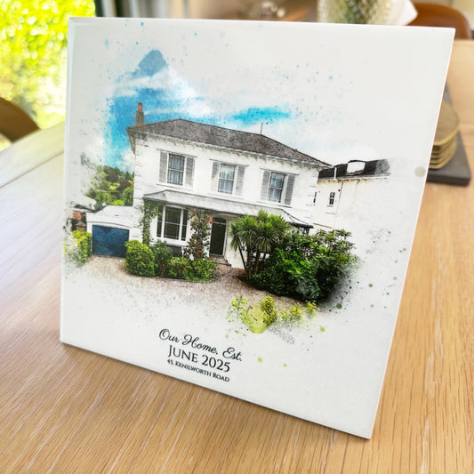 Estate Agency Branded Personalised New Home / House Watercolour Style Artwork on Mounted Ceramic Tile