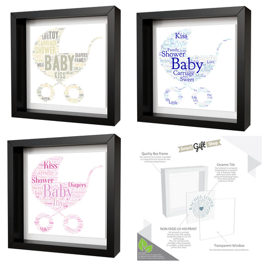 Personalised Baby Celebration Artwork - Framed CERAMIC TILE Print - Baby Pram Design