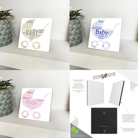 Personalised Baby Celebration Artwork - Framed CERAMIC TILE Print - Baby Pram Design