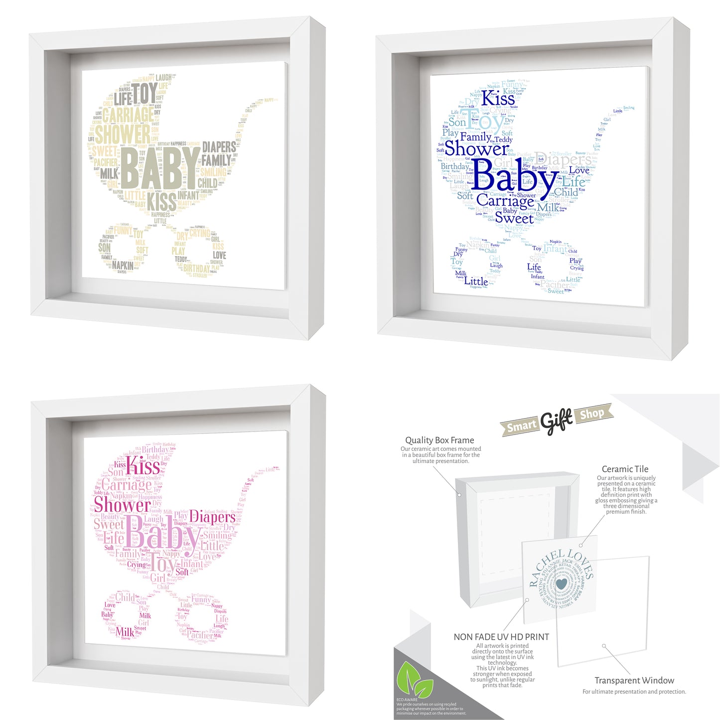 Personalised Baby Celebration Artwork - Framed CERAMIC TILE Print - Baby Pram Design
