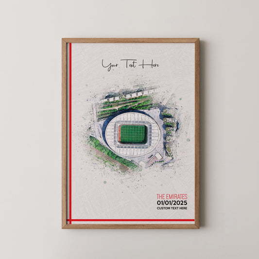 Arsenal, 'Emirates' Football Stadium Poster Artwork, Personalised Watercolour Art Print, Custom Aerial Layout - Framing options available ANY STADIUM Worldwide.