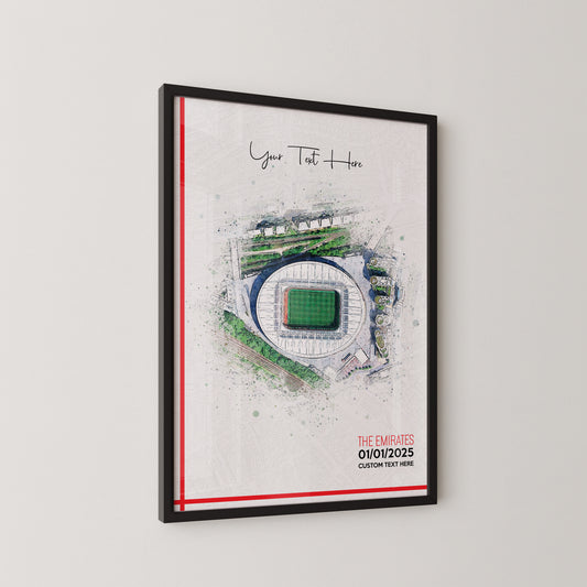 Arsenal, 'Emirates' Football Stadium Poster Artwork, Personalised Watercolour Art Print, Custom Aerial Layout - Framing options available ANY STADIUM Worldwide.
