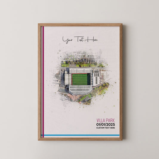 Aston Villa, 'Villa Park' Football Stadium Poster Artwork, Personalised Watercolour Art Print, Custom Aerial Layout - Framing options available ANY STADIUM Worldwide.