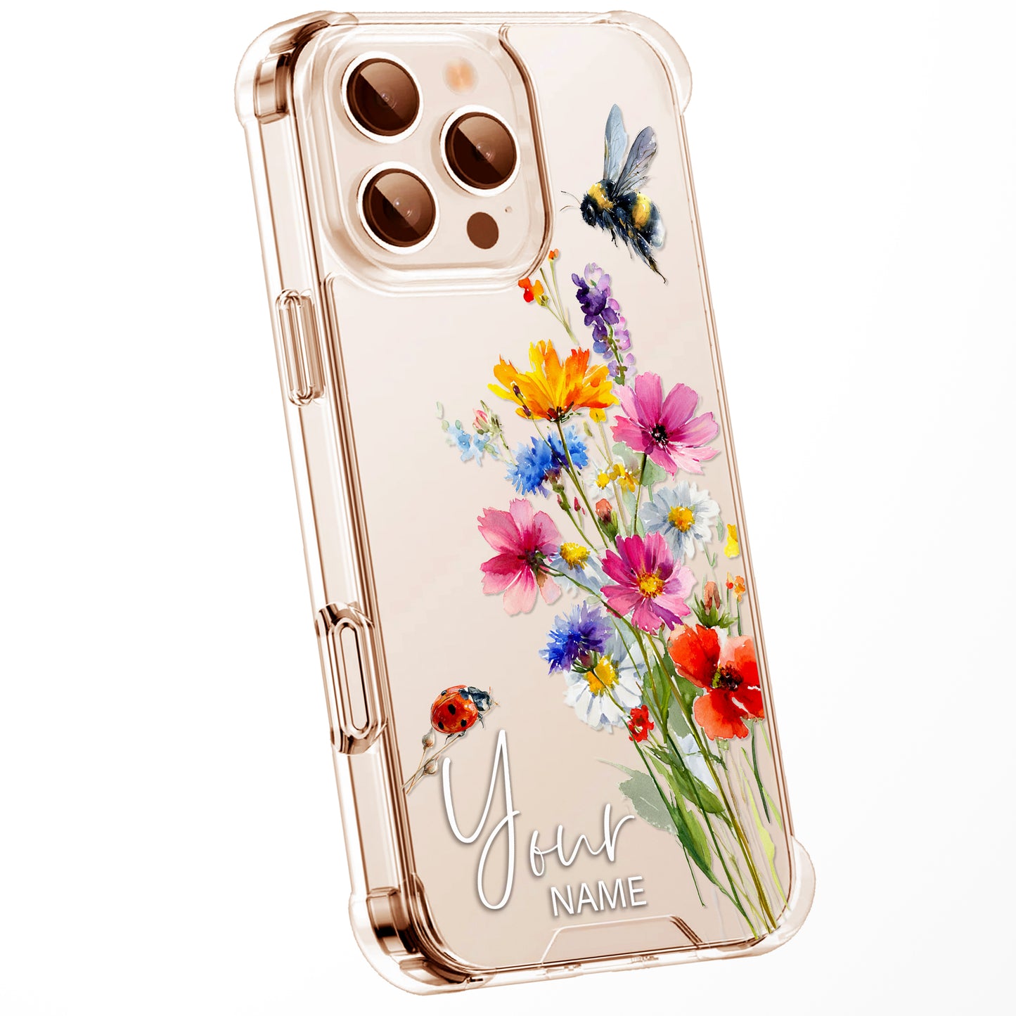 Personalised Floral Phone Case Custom Watercolour Pressed Flowers Luxury Cover, CLEAR Cover Roses iPhone 16 15 13 12 11 Plus Pro Samsung