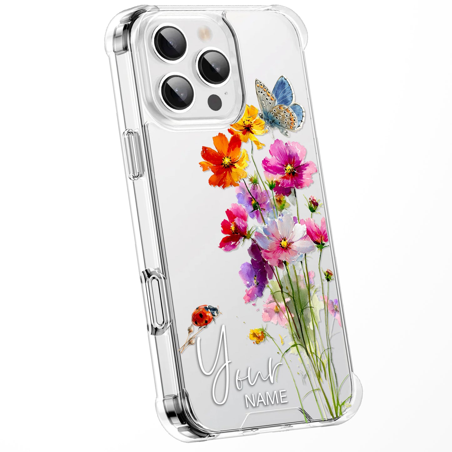 Personalised Floral Phone Case Custom Watercolour Pressed Flowers Luxury Cover, CLEAR Cover Roses iPhone 16 15 13 12 11 Plus Pro Samsung