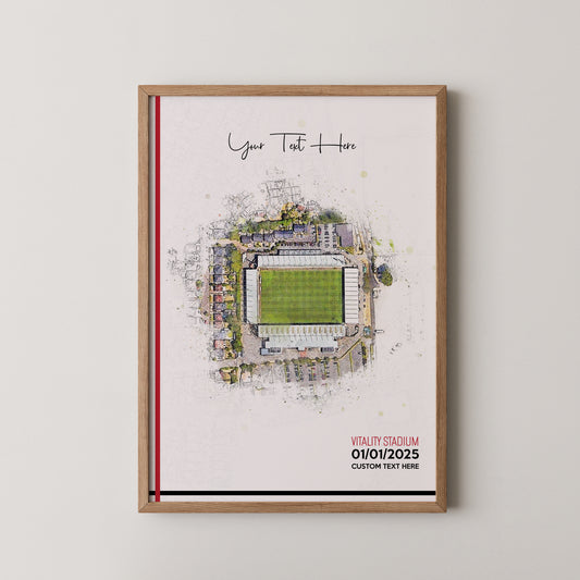 Bournemouth, 'Vitality Stadium' Football Stadium Poster Artwork, Personalised Watercolour Art Print, Custom Aerial Layout - Framing options available ANY STADIUM Worldwide.