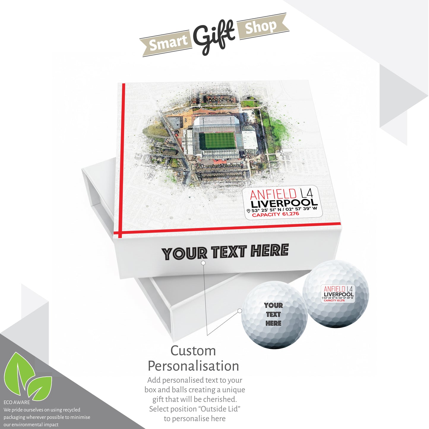 Personalised Branded 9 Golf Ball Set in Football Stadium Customised Box - Soccer Themed Golfer's Gift, Father's Day, Retirement, Birthday