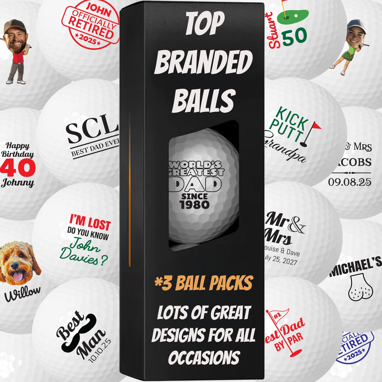 Personalised Branded 3 Golf Ball Sleeve - Golfer's Gift, Father's Day, Wedding Favour, Birthday, Valentines, Pet Photo Text Logo