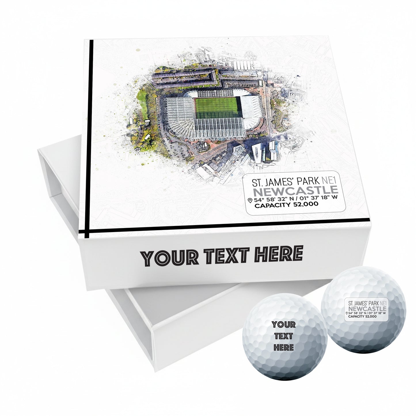 Personalised Branded 9 Golf Ball Set in Football Stadium Customised Box - Soccer Themed Golfer's Gift, Father's Day, Retirement, Birthday