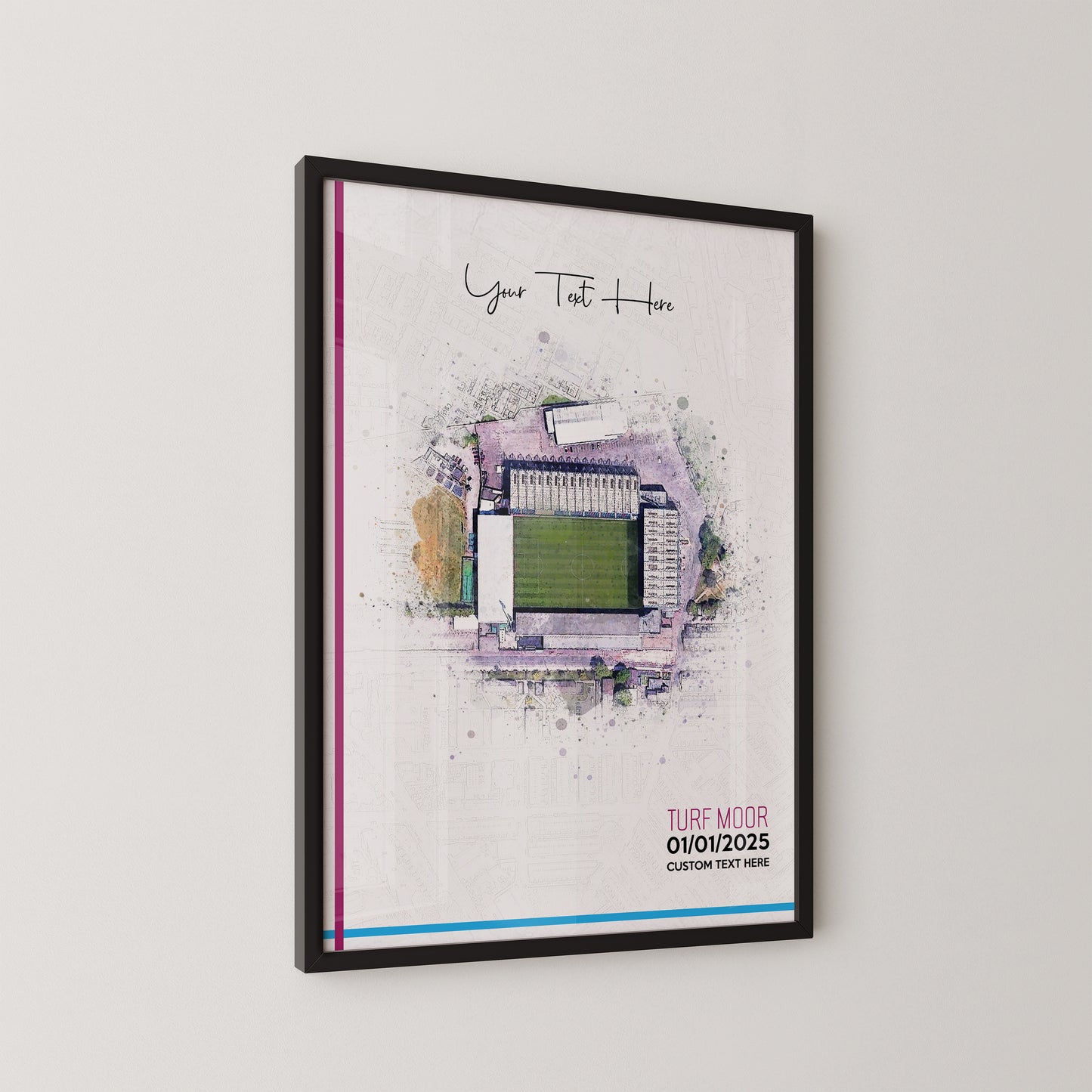 Burnley, 'Turf Moor' Football Stadium Poster Artwork, Personalised Watercolour Art Print, Custom Aerial Layout - Framing options available ANY STADIUM Worldwide.