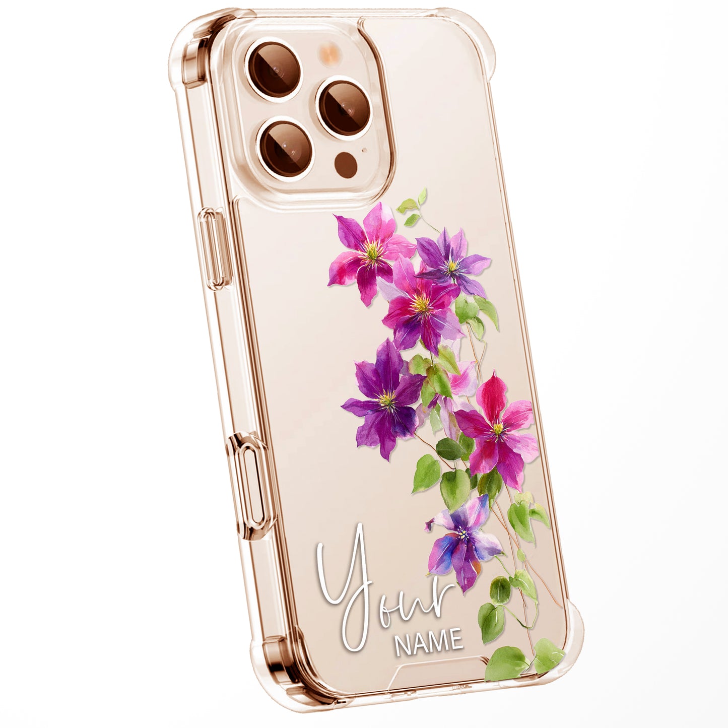 Personalised Floral Phone Case Custom Watercolour Pressed Flowers Luxury Cover, CLEAR Cover Roses iPhone 16 15 13 12 11 Plus Pro Samsung