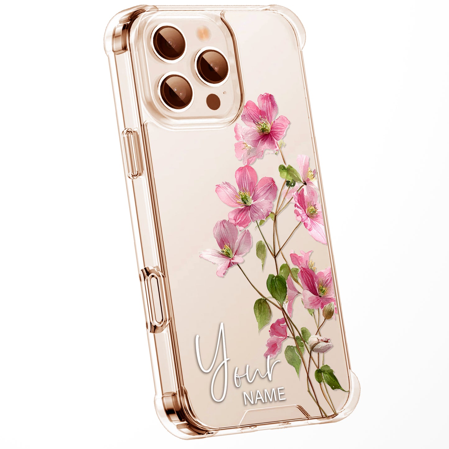 Personalised Floral Phone Case Custom Watercolour Pressed Flowers Luxury Cover, CLEAR Cover Roses iPhone 16 15 13 12 11 Plus Pro Samsung