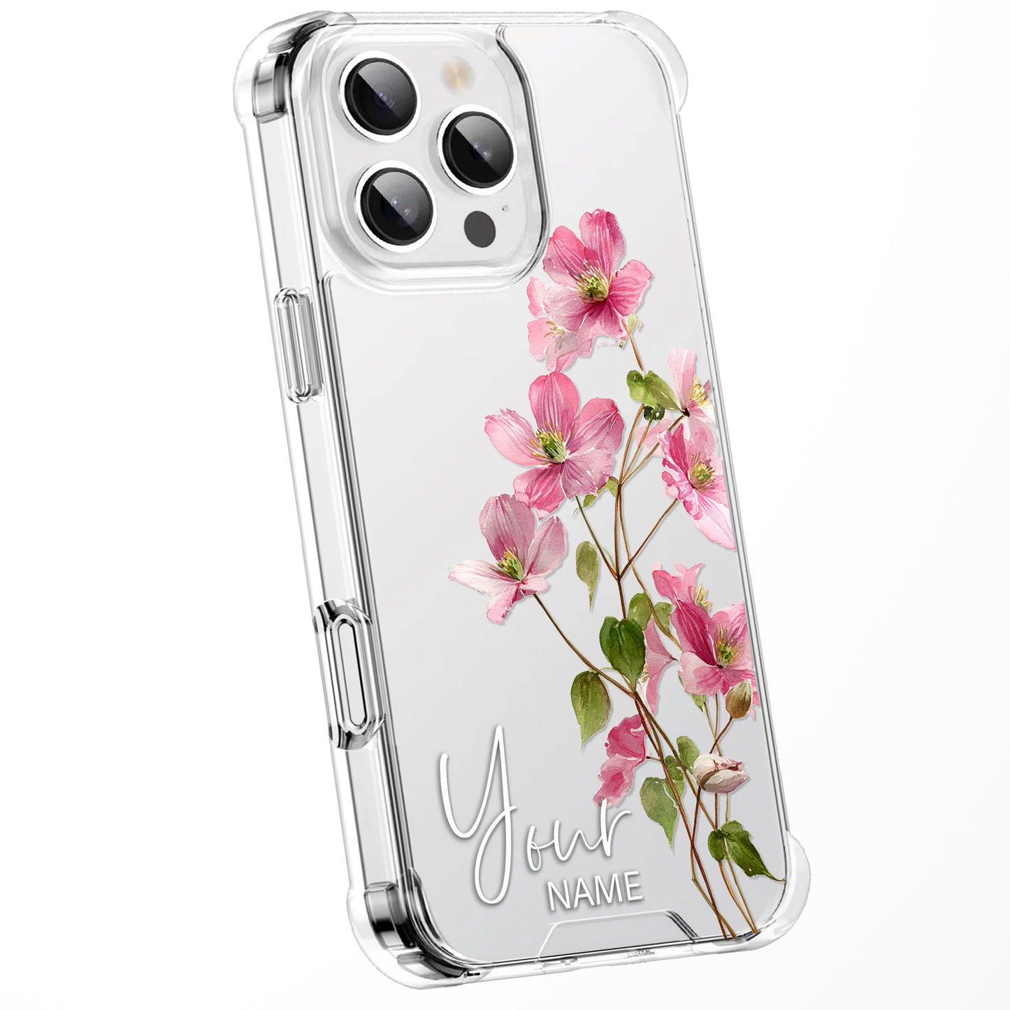 Personalised Floral Phone Case Custom Watercolour Pressed Flowers Luxury Cover, CLEAR Cover Roses iPhone 16 15 13 12 11 Plus Pro Samsung