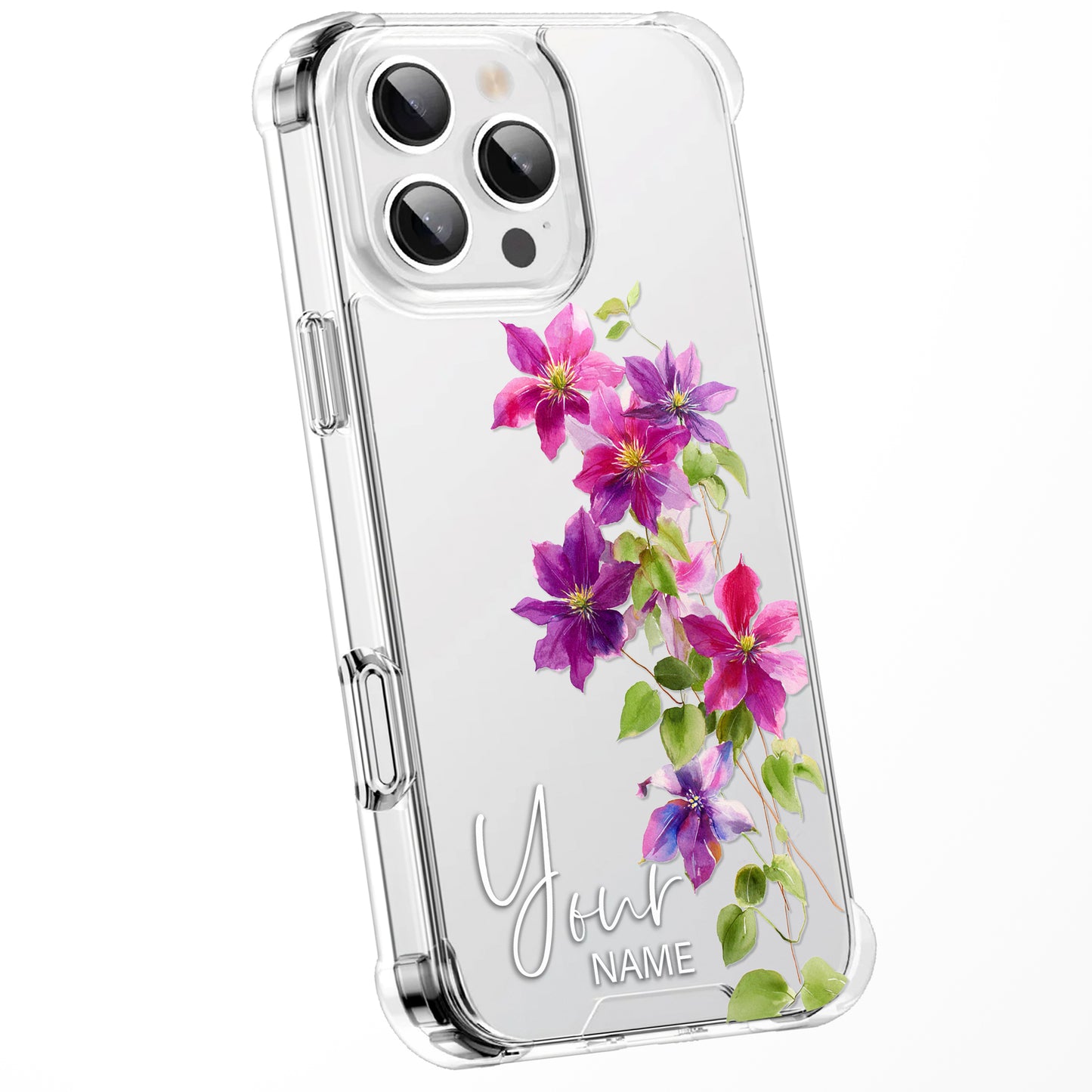 Personalised Floral Phone Case Custom Watercolour Pressed Flowers Luxury Cover, CLEAR Cover Roses iPhone 16 15 13 12 11 Plus Pro Samsung