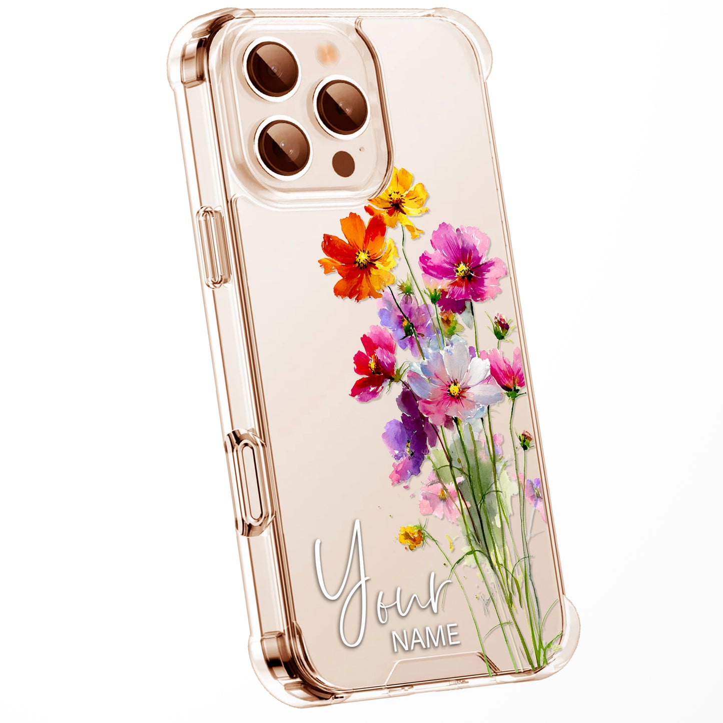 Personalised Floral Phone Case Custom Watercolour Pressed Flowers Luxury Cover, CLEAR Cover Roses iPhone 16 15 13 12 11 Plus Pro Samsung