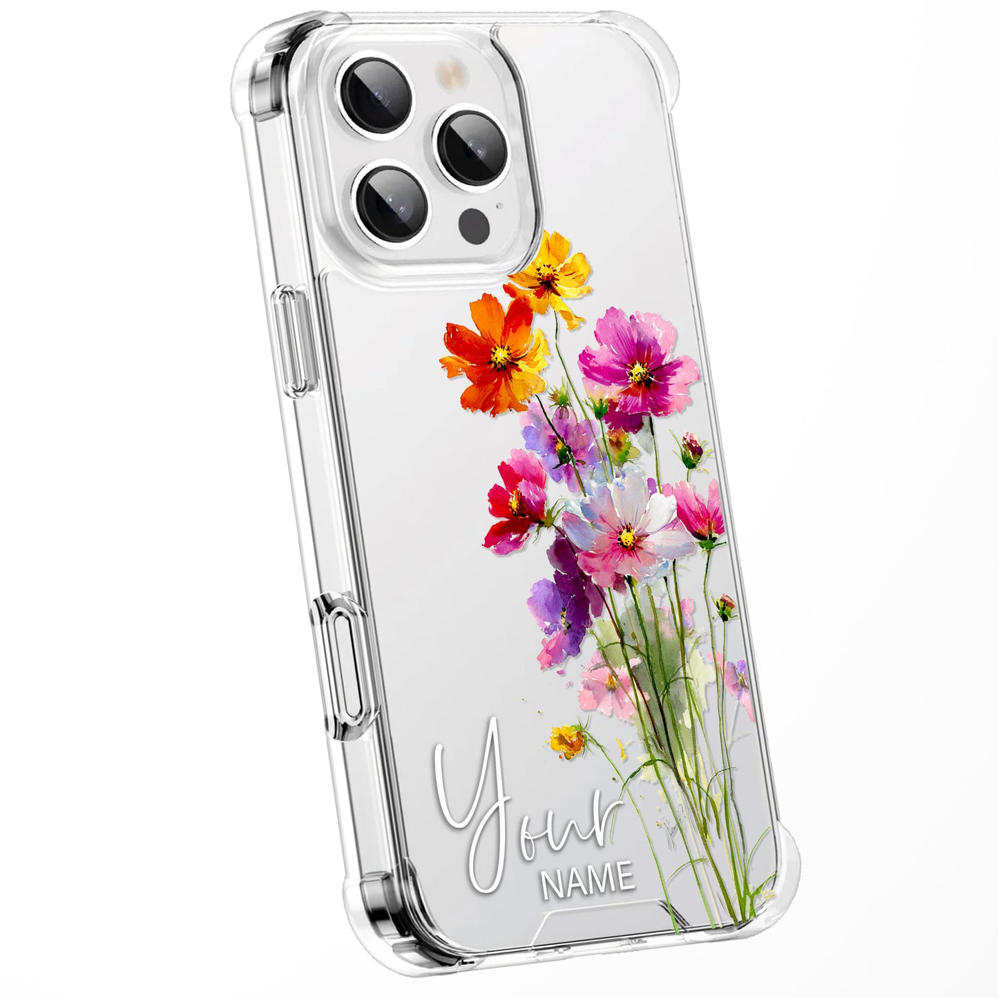 Personalised Floral Phone Case Custom Watercolour Pressed Flowers Luxury Cover, CLEAR Cover Roses iPhone 16 15 13 12 11 Plus Pro Samsung