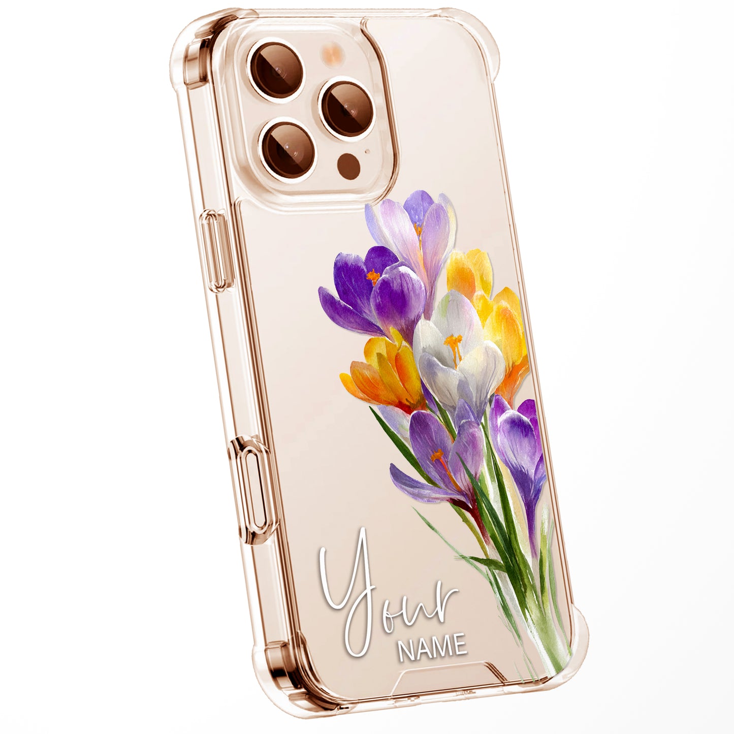 Personalised Floral Phone Case Custom Watercolour Pressed Flowers Luxury Cover, CLEAR Cover Roses iPhone 16 15 13 12 11 Plus Pro Samsung