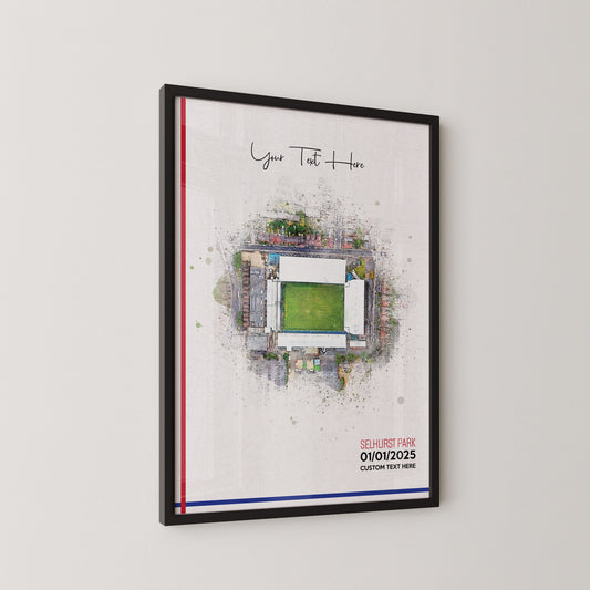 Crystal Palace, 'Selhurst Park' Football Stadium Poster Artwork, Personalised Watercolour Art Print, Custom Aerial Layout - Framing options available ANY STADIUM Worldwide.