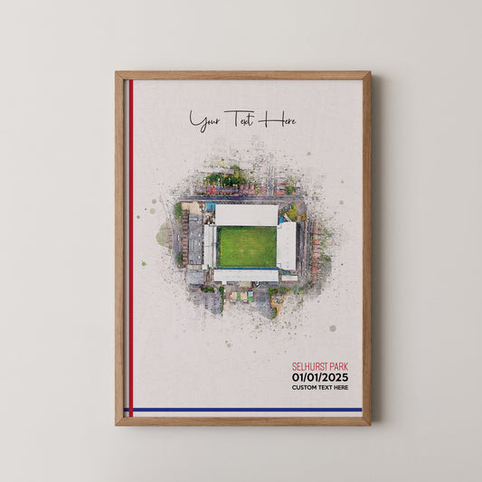 Crystal Palace, 'Selhurst Park' Football Stadium Poster Artwork, Personalised Watercolour Art Print, Custom Aerial Layout - Framing options available ANY STADIUM Worldwide.