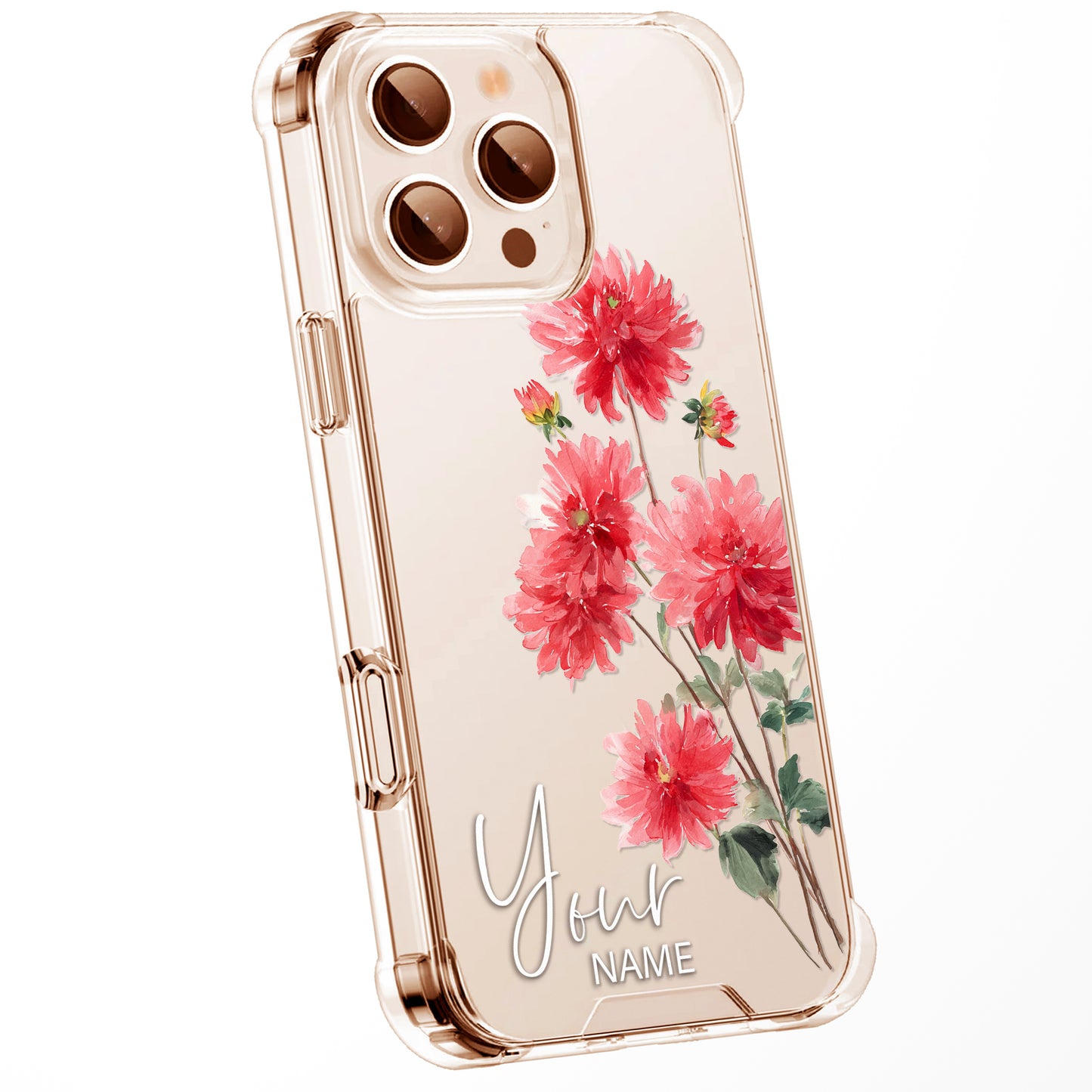 Personalised Floral Phone Case Custom Watercolour Pressed Flowers Luxury Cover, CLEAR Cover Roses iPhone 16 15 13 12 11 Plus Pro Samsung
