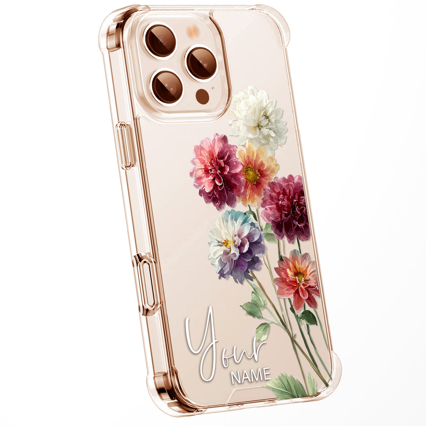 Personalised Floral Phone Case Custom Watercolour Pressed Flowers Luxury Cover, CLEAR Cover Roses iPhone 16 15 13 12 11 Plus Pro Samsung