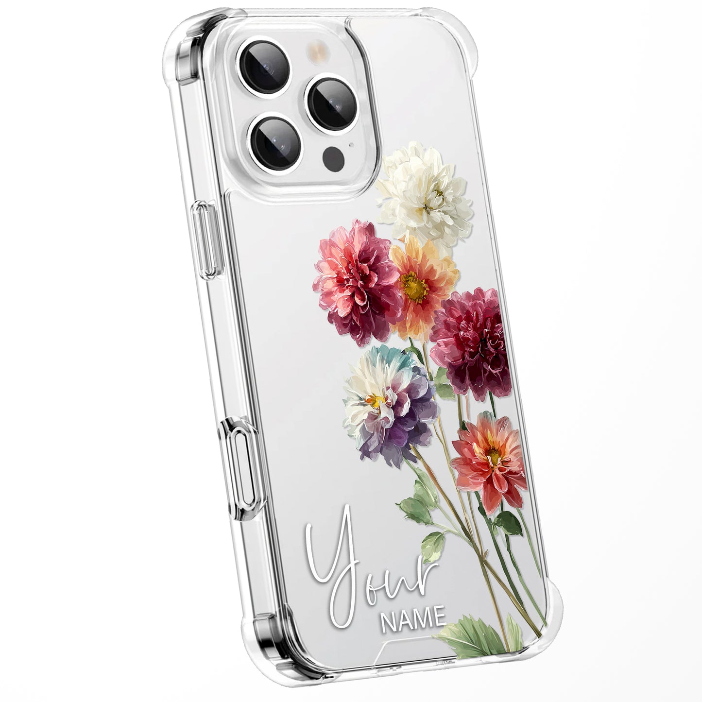 Personalised Floral Phone Case Custom Watercolour Pressed Flowers Luxury Cover, CLEAR Cover Roses iPhone 16 15 13 12 11 Plus Pro Samsung