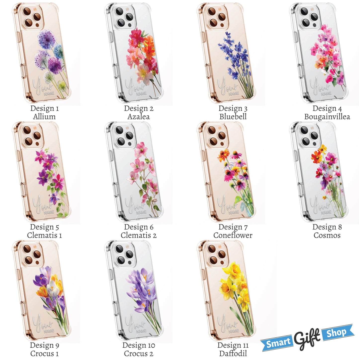 Personalised Floral Phone Case Custom Watercolour Pressed Flowers Luxury Cover, CLEAR Cover Roses iPhone 16 15 13 12 11 Plus Pro Samsung