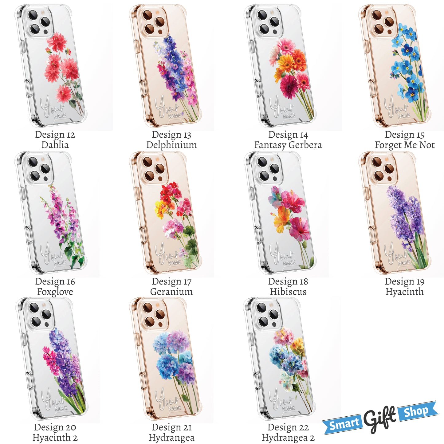 Personalised Floral Phone Case Custom Watercolour Pressed Flowers Luxury Cover, CLEAR Cover Roses iPhone 16 15 13 12 11 Plus Pro Samsung