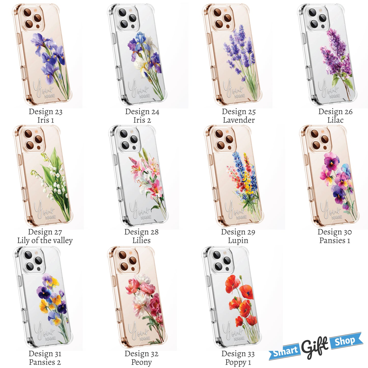 Personalised Floral Phone Case Custom Watercolour Pressed Flowers Luxury Cover, CLEAR Cover Roses iPhone 16 15 13 12 11 Plus Pro Samsung