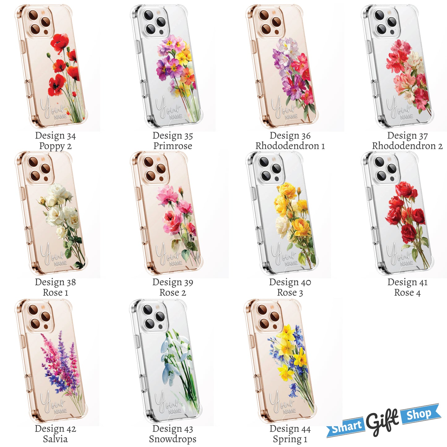 Personalised Floral Phone Case Custom Watercolour Pressed Flowers Luxury Cover, CLEAR Cover Roses iPhone 16 15 13 12 11 Plus Pro Samsung