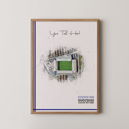 Everton, 'Goodison Park' Football Stadium Poster Artwork, Personalised Watercolour Art Print, Custom Aerial Layout - Framing options available ANY STADIUM Worldwide.