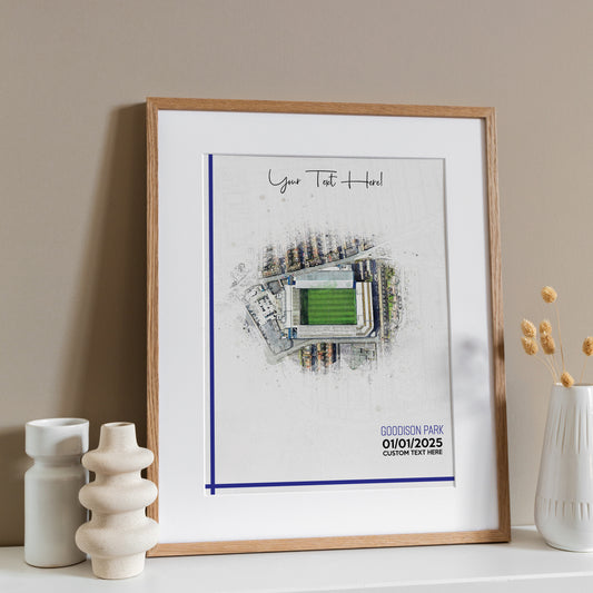 Everton, 'Goodison Park' Football Stadium Poster Artwork, Personalised Watercolour Art Print, Custom Aerial Layout - Framing options available ANY STADIUM Worldwide.
