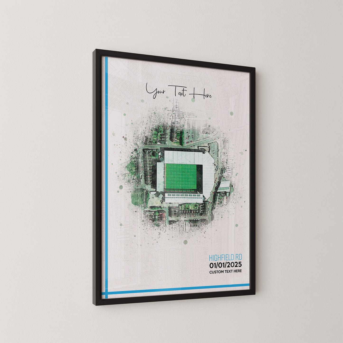 Coventry, 'Highfield Road' Football Stadium Poster Artwork, Personalised Watercolour Art Print, Custom Aerial Layout - Framing options available ANY STADIUM Worldwide.
