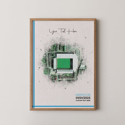 Coventry, 'Highfield Road' Football Stadium Poster Artwork, Personalised Watercolour Art Print, Custom Aerial Layout - Framing options available ANY STADIUM Worldwide.