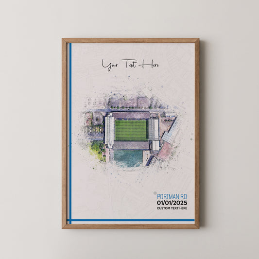 Ipswich, 'Portman Road' Football Stadium Poster Artwork, Personalised Watercolour Art Print, Custom Aerial Layout - Framing options available ANY STADIUM Worldwide.