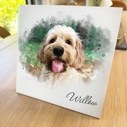 Personalised Pet Portrait Watercolour Style Artwork on Mounted Ceramic Tile