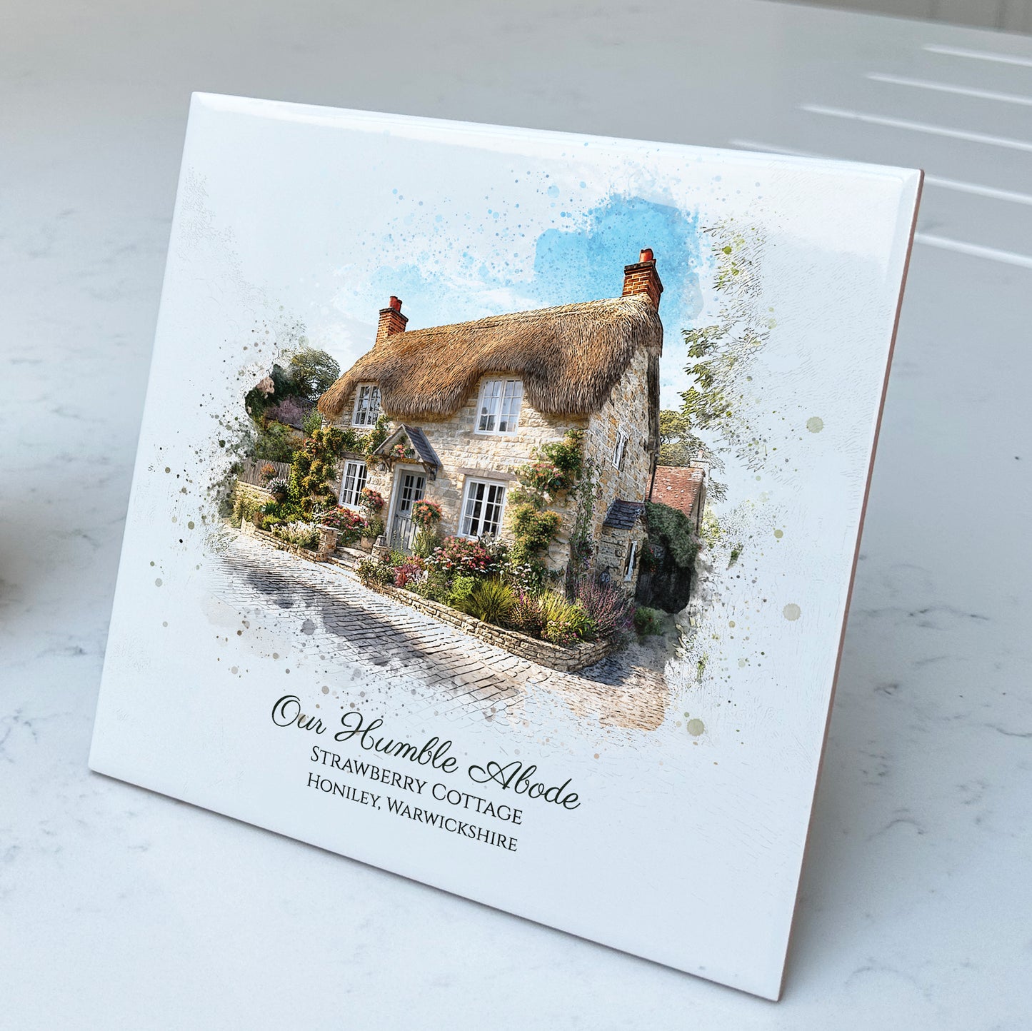 Personalised New Home / House Watercolour Style Artwork on Mounted Ceramic Tile
