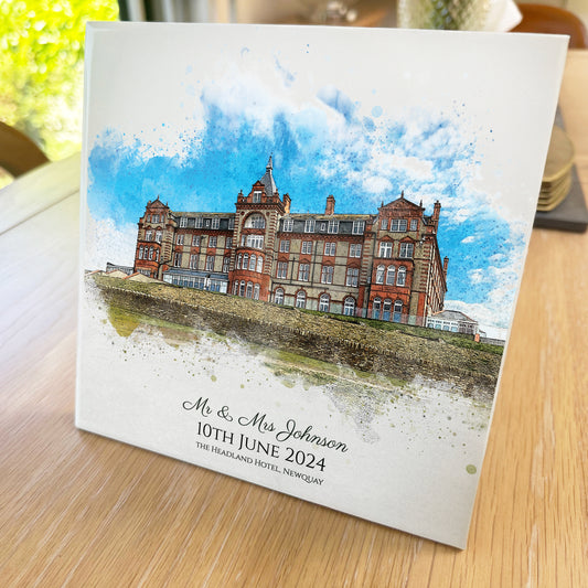 Personalised Wedding Venue / Anniversary Watercolour Style Artwork on Mounted Ceramic Tile