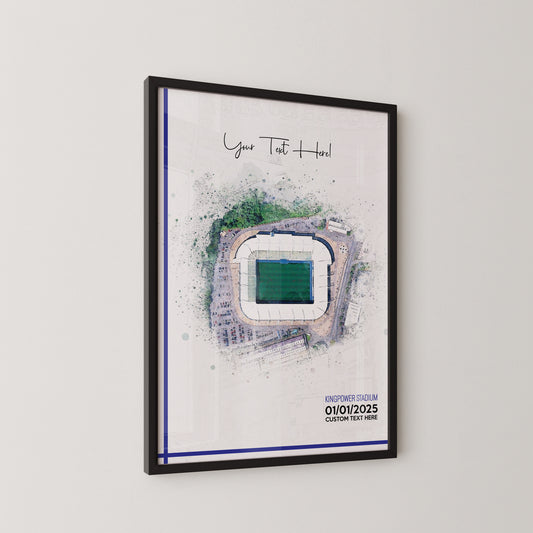 Leicester, 'King Power Stadium' Football Stadium Poster Artwork, Personalised Watercolour Art Print, Custom Aerial Layout - Framing options available ANY STADIUM Worldwide.