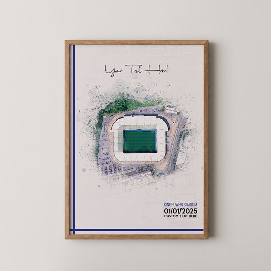 Leicester, 'King Power Stadium' Football Stadium Poster Artwork, Personalised Watercolour Art Print, Custom Aerial Layout - Framing options available ANY STADIUM Worldwide.