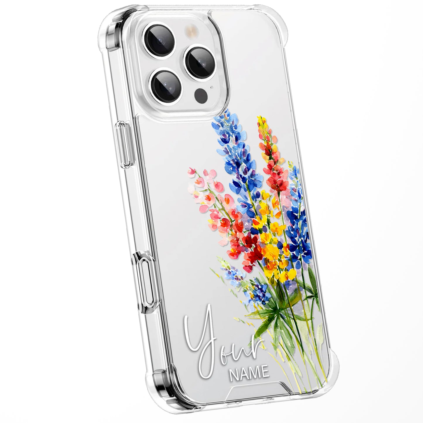 Personalised Floral Phone Case Custom Watercolour Pressed Flowers Luxury Cover, CLEAR Cover Roses iPhone 16 15 13 12 11 Plus Pro Samsung
