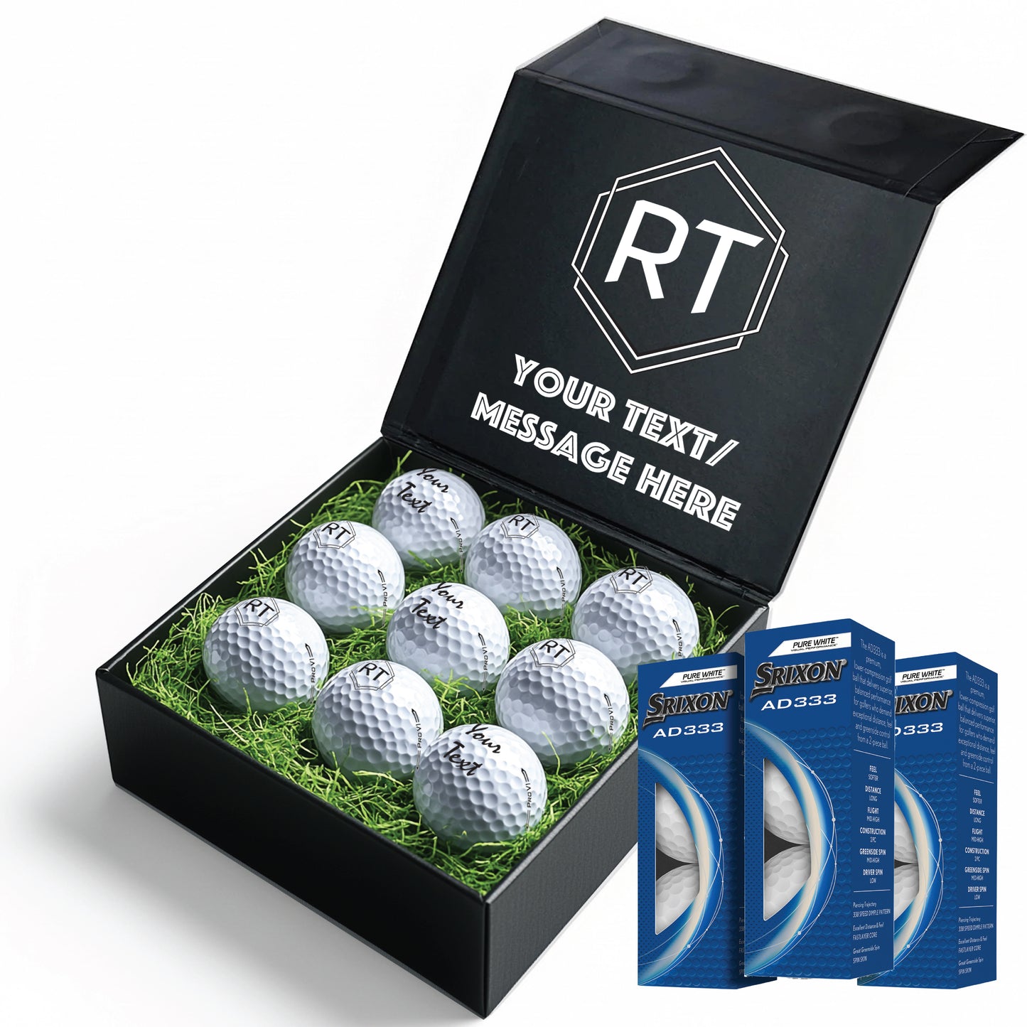 Personalised 9 Golf Ball Set in Customised Box - Your Own Monograms Initials with Branded Balls: Novelty Golfer's Gift, Father's Day, Birthday