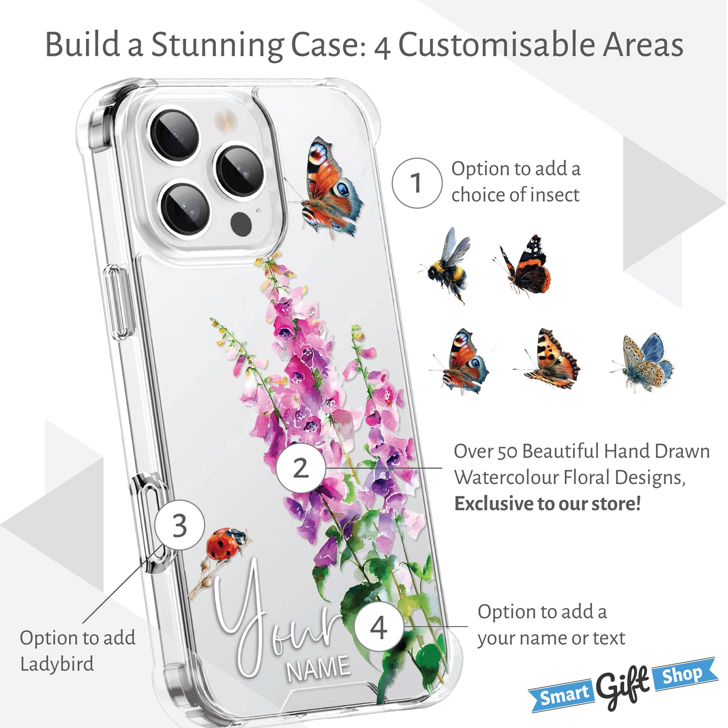 Personalised Floral Phone Case Custom Watercolour Pressed Flowers Luxury Cover, CLEAR Cover Roses iPhone 16 15 13 12 11 Plus Pro Samsung