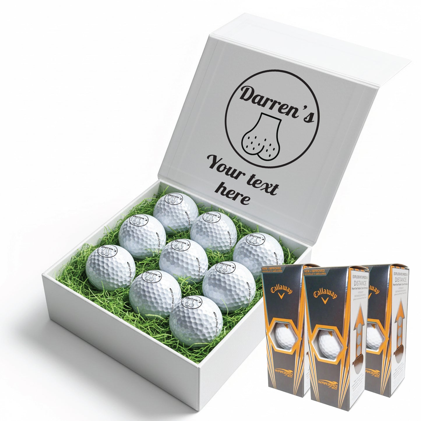 Personalised 9 Golf Ball Set in Customised Box - Joke Novelty "Custom Name's Balls!" with Branded Balls: Novelty Golfer's Gift, Father's Day, Birthday