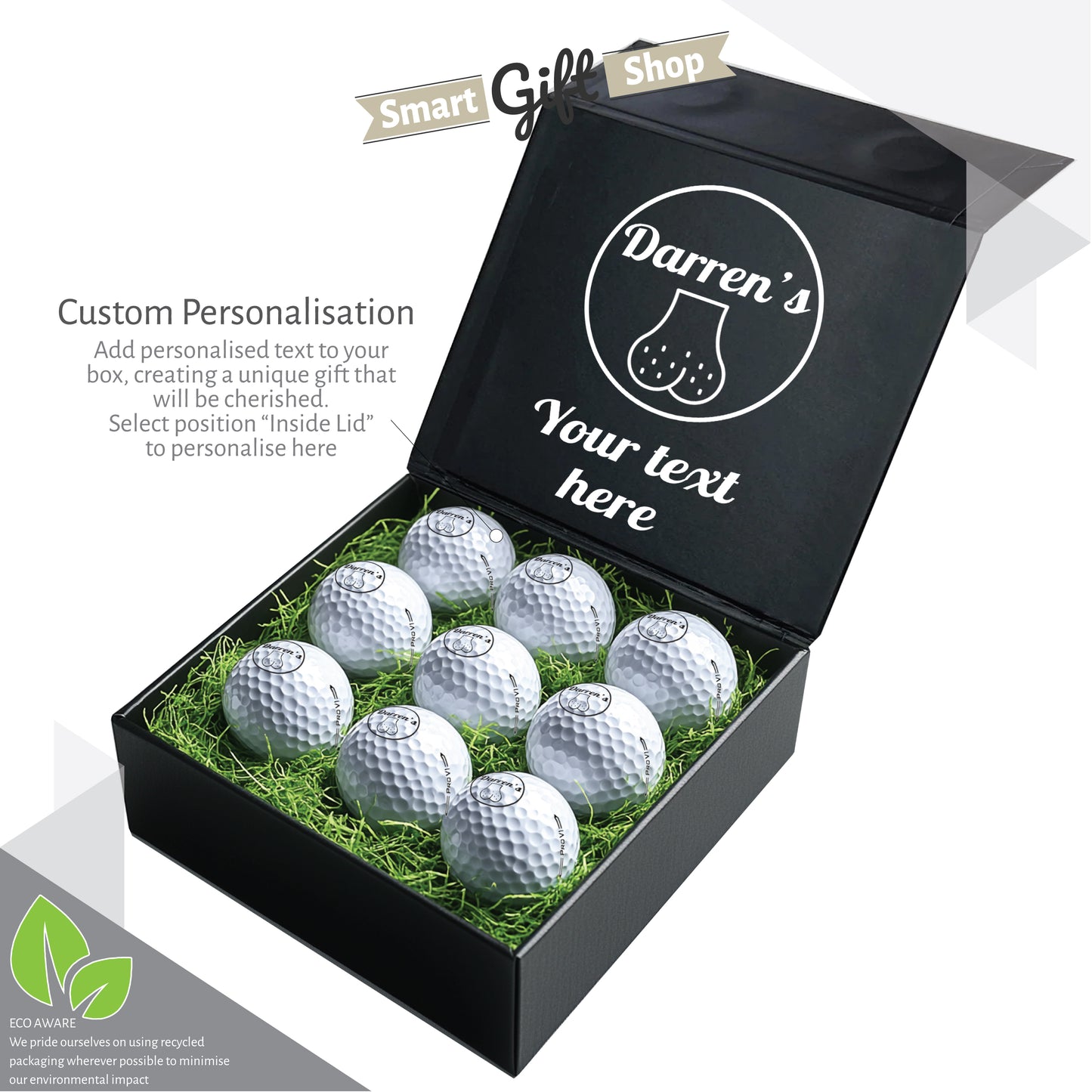 Personalised 9 Golf Ball Set in Customised Box - Joke Novelty "Custom Name's Balls!" with Branded Balls: Novelty Golfer's Gift, Father's Day, Birthday