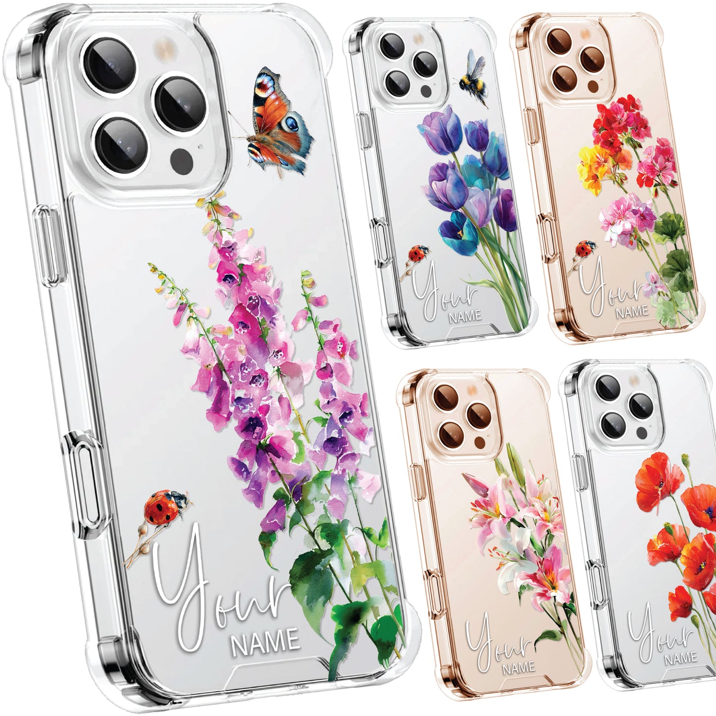 Personalised Floral Phone Case Custom Watercolour Pressed Flowers Luxury Cover, CLEAR Cover Roses iPhone 16 15 13 12 11 Plus Pro Samsung