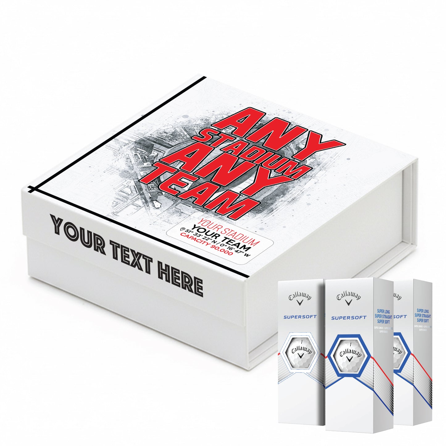 Personalised Branded 9 Golf Ball Set in Football Stadium Customised Box - Soccer Themed Golfer's Gift, Father's Day, Retirement, Birthday