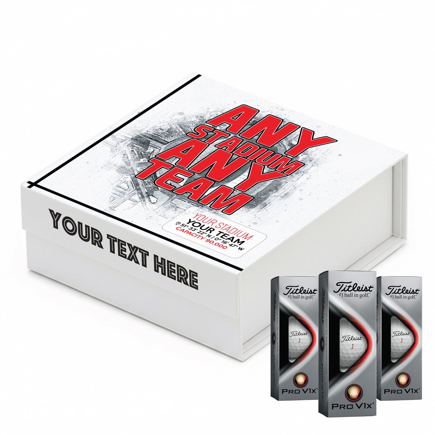 Personalised Branded 9 Golf Ball Set in Football Stadium Customised Box - Soccer Themed Golfer's Gift, Father's Day, Retirement, Birthday